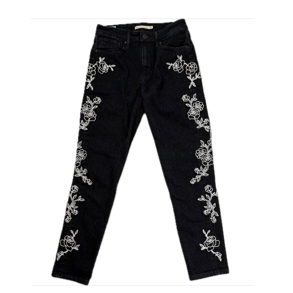 Levis 721 High Rise Skinny Jeans 27 Black Floral Embroidered Roses Whimsigoth